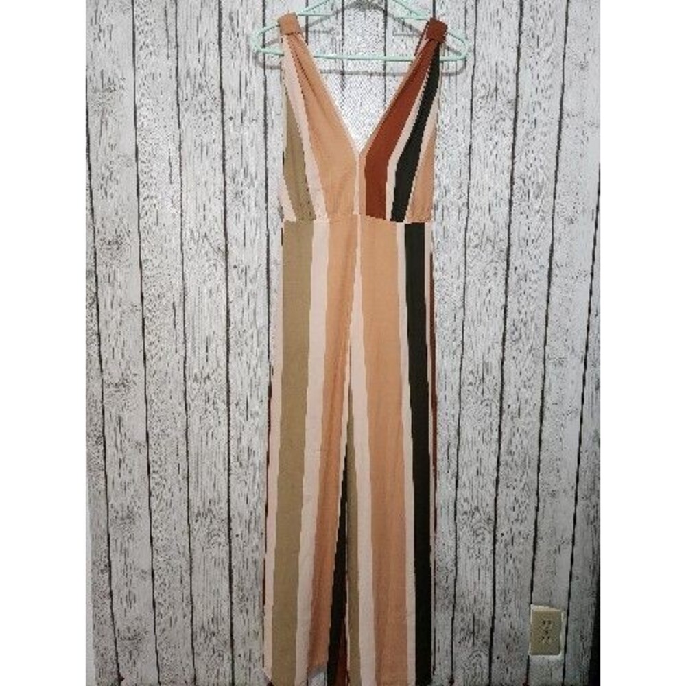 4SI3NNA Maxi Jumpsuit S Fall Colorblock Stripes Wide Leg V Neck Belt Zip Career